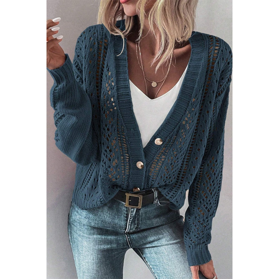 Openwork Button Up Long Sleeve Cardigan Peacock Blue / S Apparel and Accessories