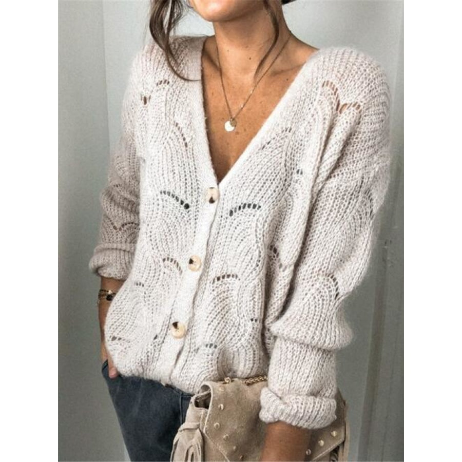 Openwork Button Up Long Sleeve Cardigan Beige / S