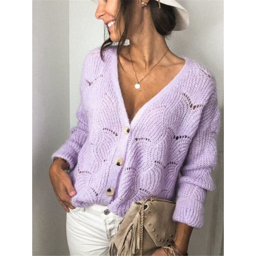 Openwork Button Up Long Sleeve Cardigan Lavender / S