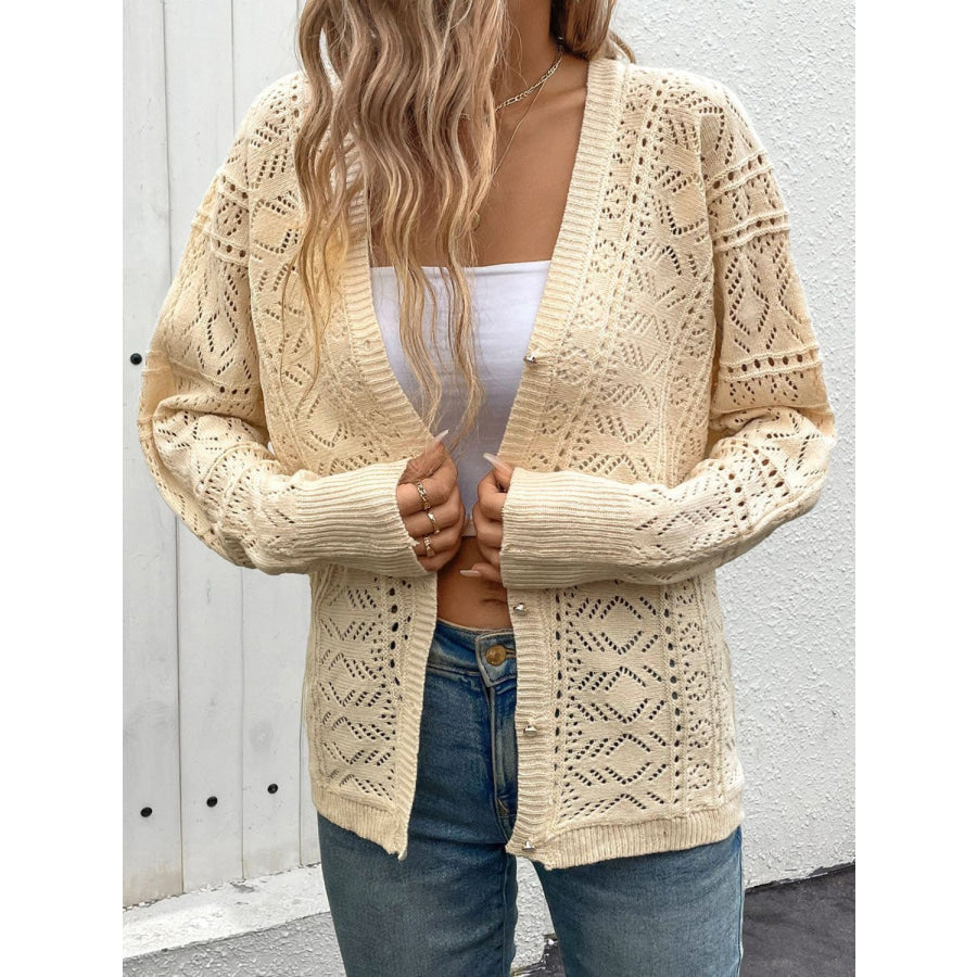 Openwork Button Up Long Sleeve Cardigan Pastel Yellow / S Apparel and Accessories