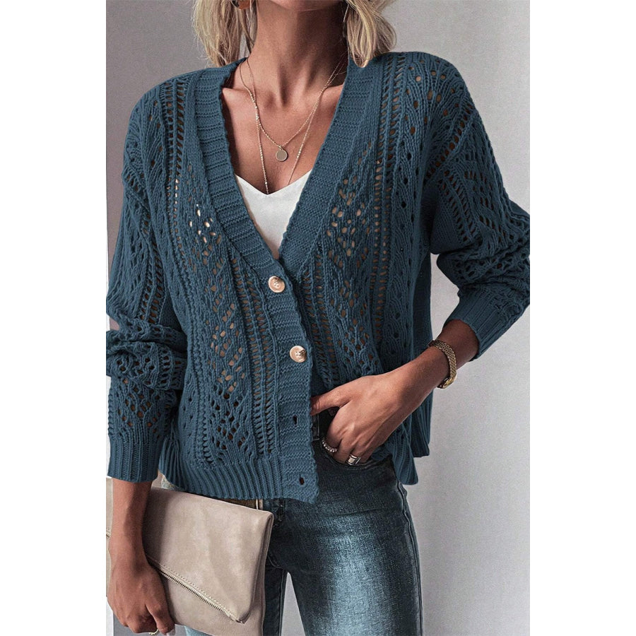 Openwork Button Up Long Sleeve Cardigan Peacock Blue / S Apparel and Accessories