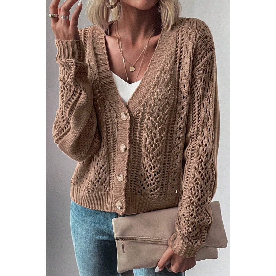 Openwork Button Up Long Sleeve Cardigan Taupe / S Apparel and Accessories