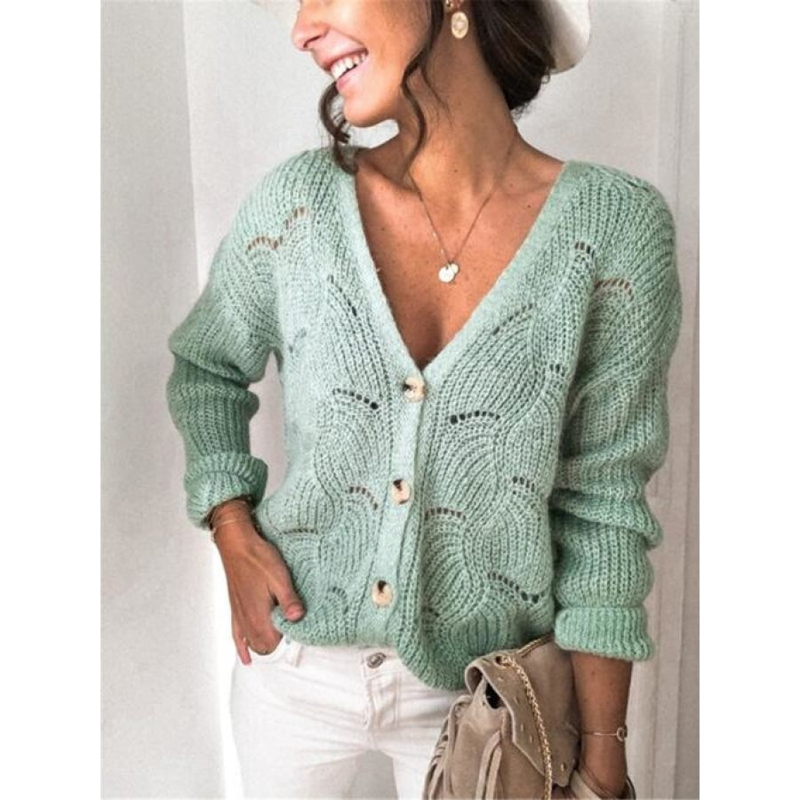 Openwork Button Up Long Sleeve Cardigan