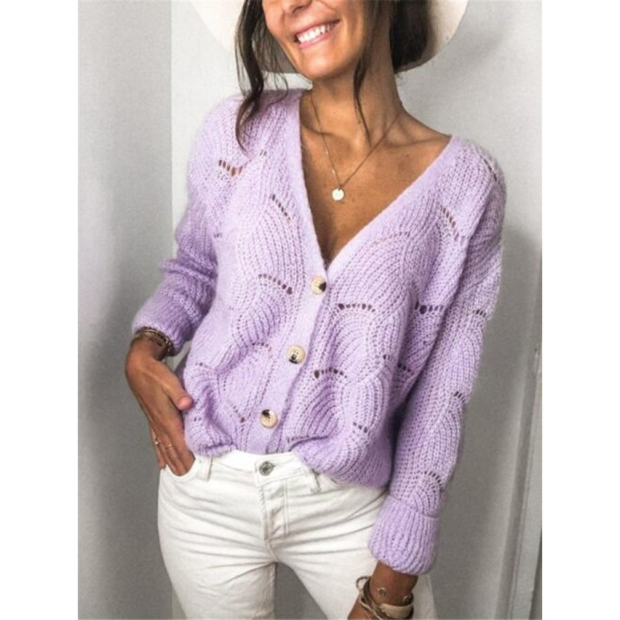 Openwork Button Up Long Sleeve Cardigan