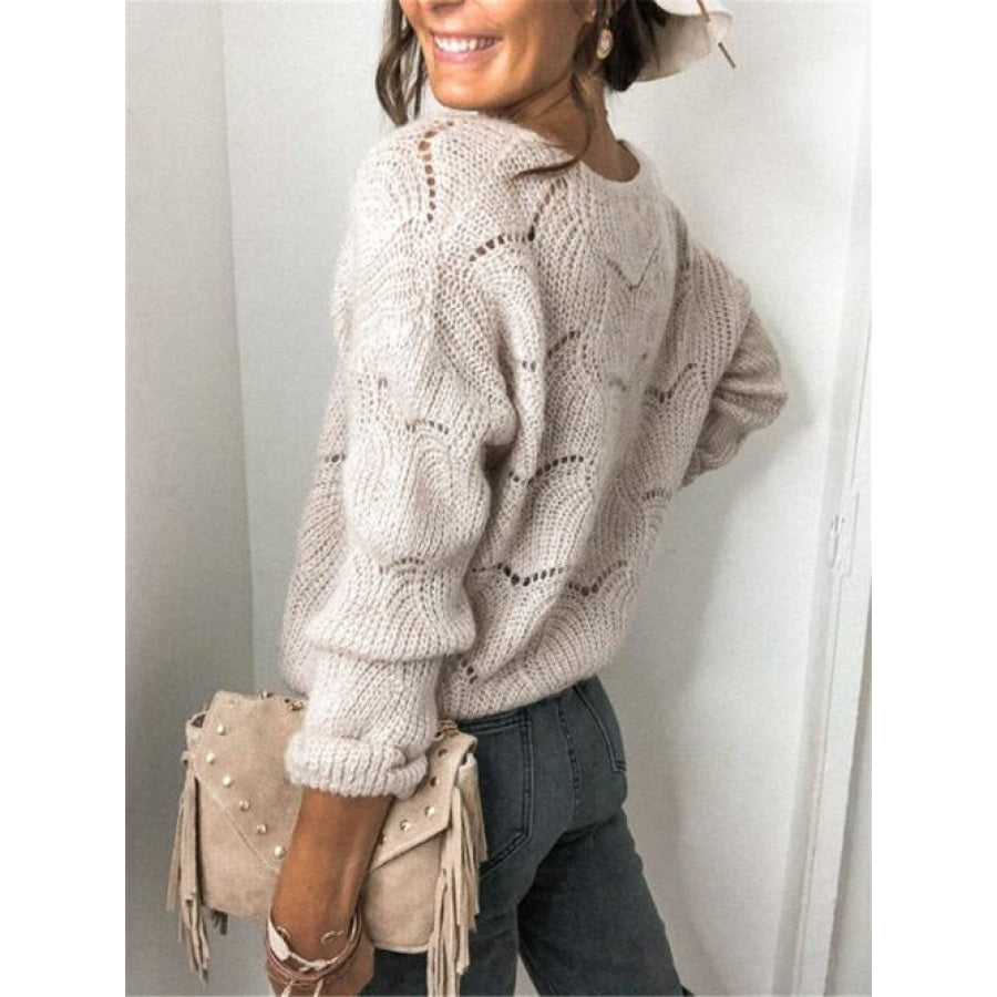 Openwork Button Up Long Sleeve Cardigan Beige / S