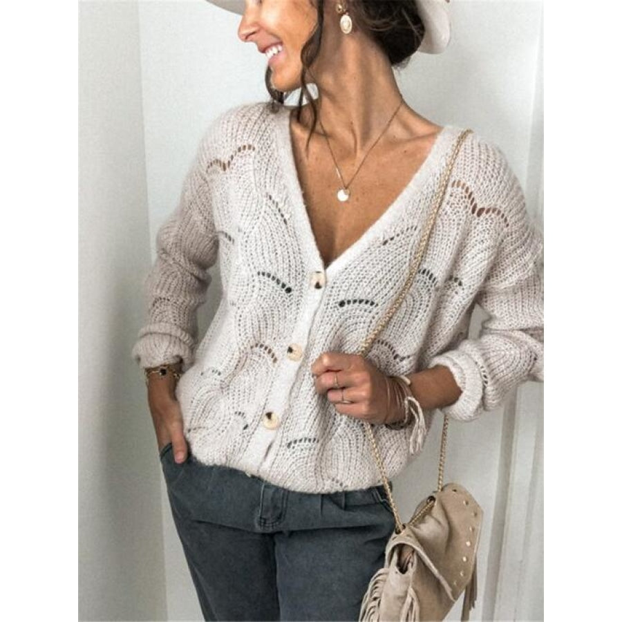 Openwork Button Up Long Sleeve Cardigan