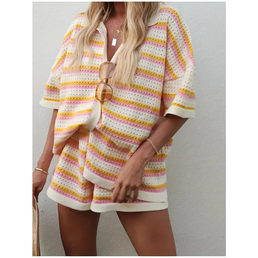 Openwork Button Up Top and Shorts Set Apparel and Accessories