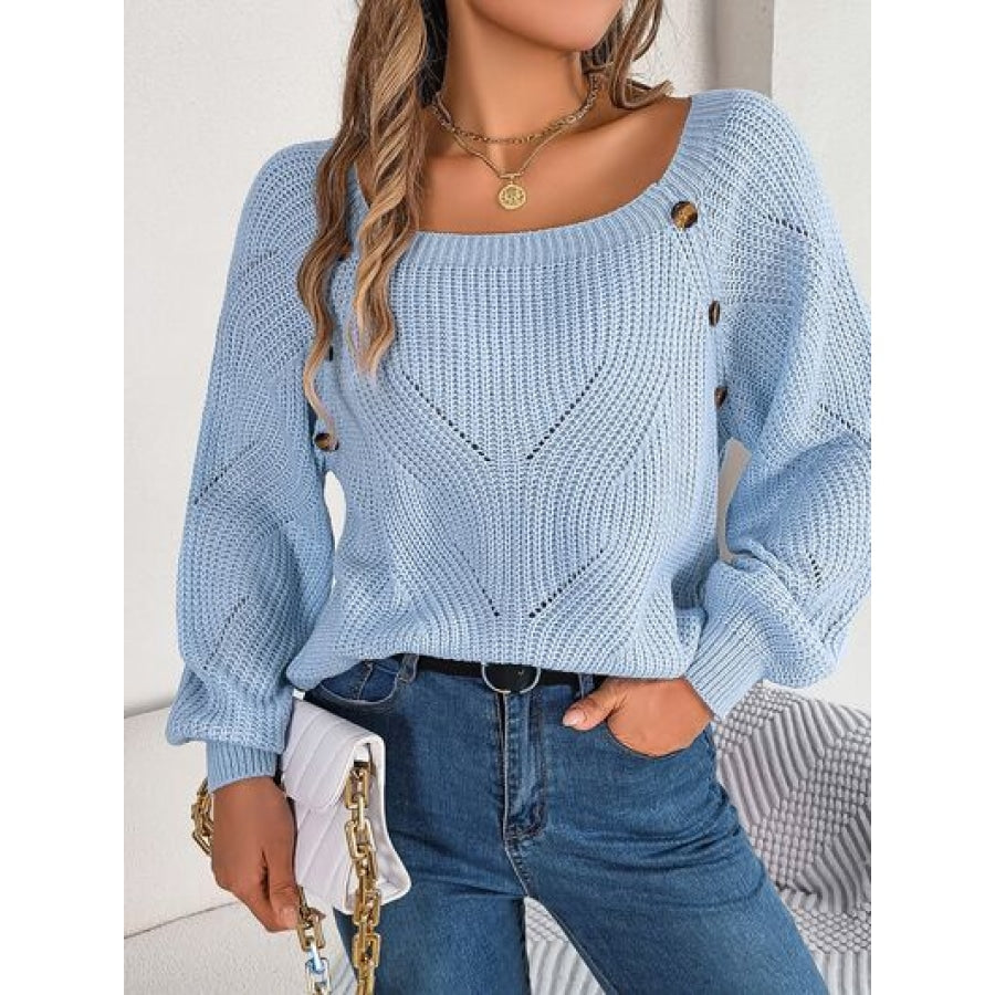 Openwork Buttoned Square Neck Sweater Clothing