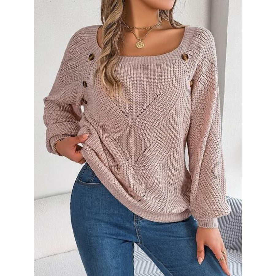 Openwork Buttoned Square Neck Sweater Clothing