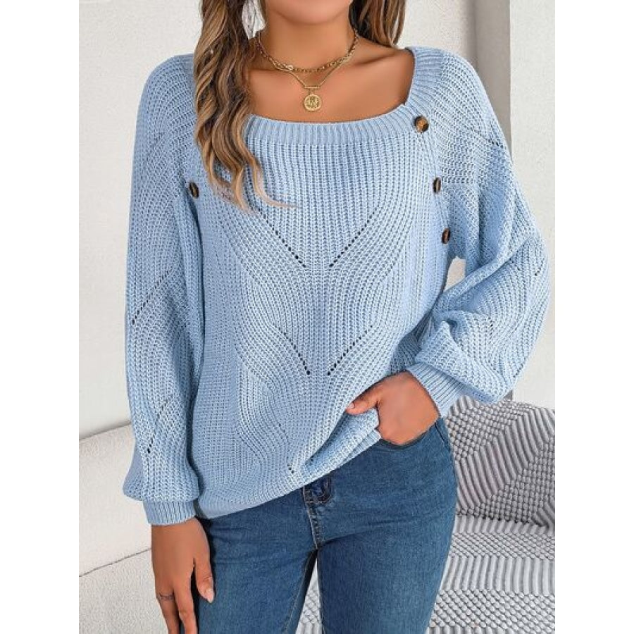 Openwork Buttoned Square Neck Sweater Misty Blue / S Clothing