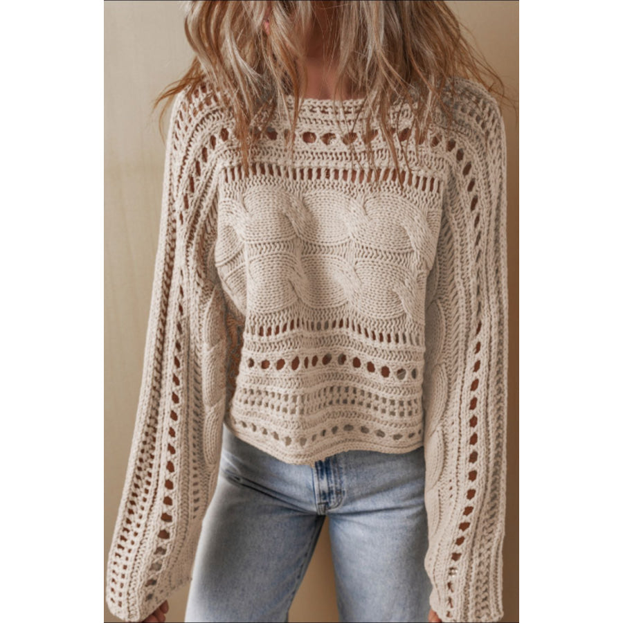 Openwork Cable Knit Long Sleeve Sweater Apparel and Accessories