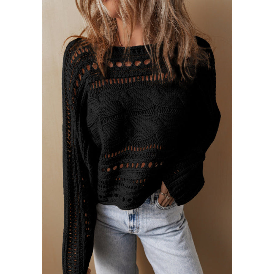 Openwork Cable Knit Long Sleeve Sweater Black / S Apparel and Accessories