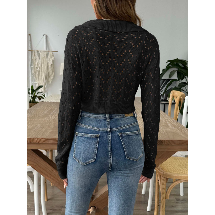 Openwork Collared Neck Long Sleeve Knit Top Apparel and Accessories