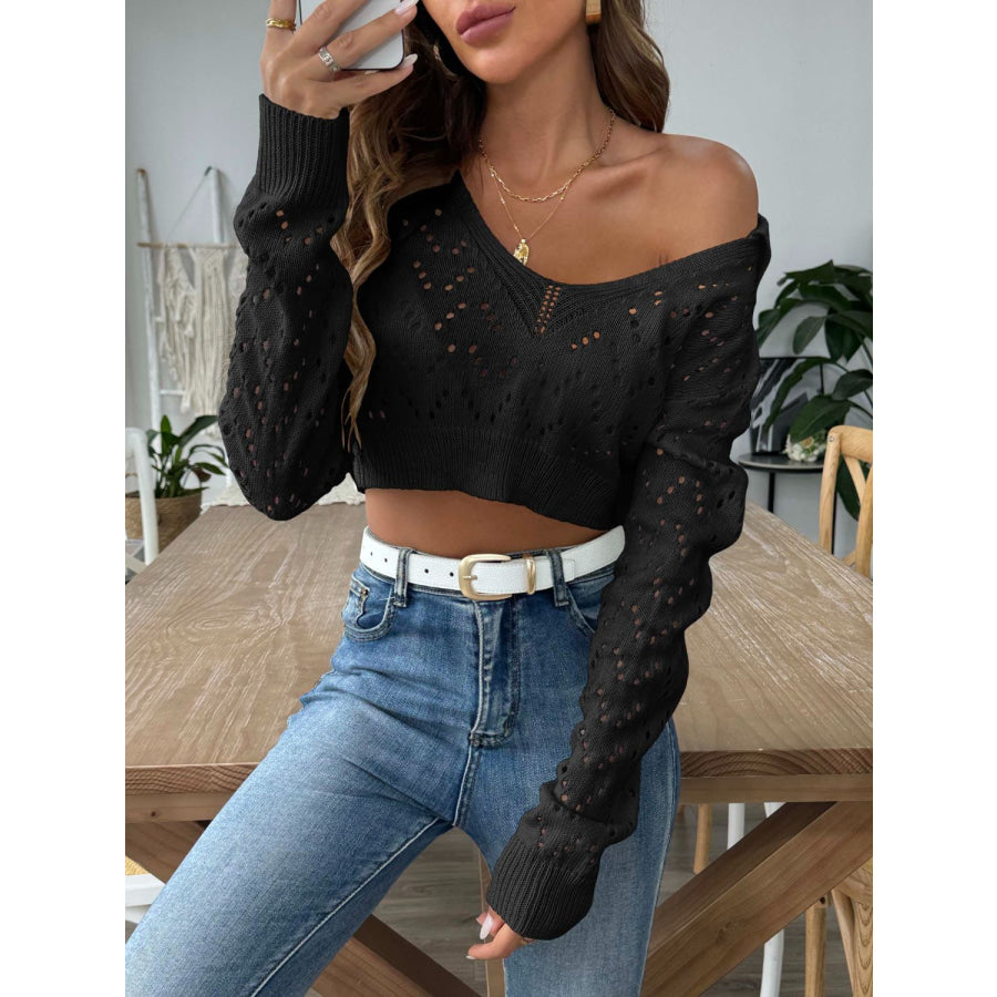 Openwork Collared Neck Long Sleeve Knit Top Apparel and Accessories