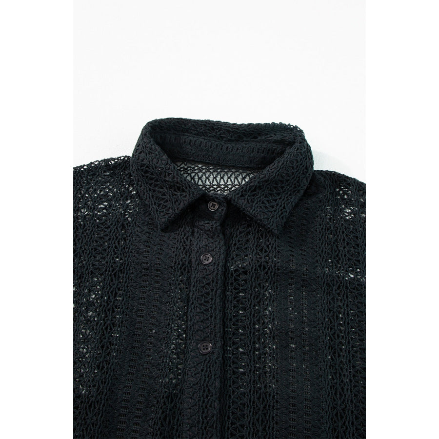 Openwork Collared Neck Long Sleeve Shirt Apparel and Accessories