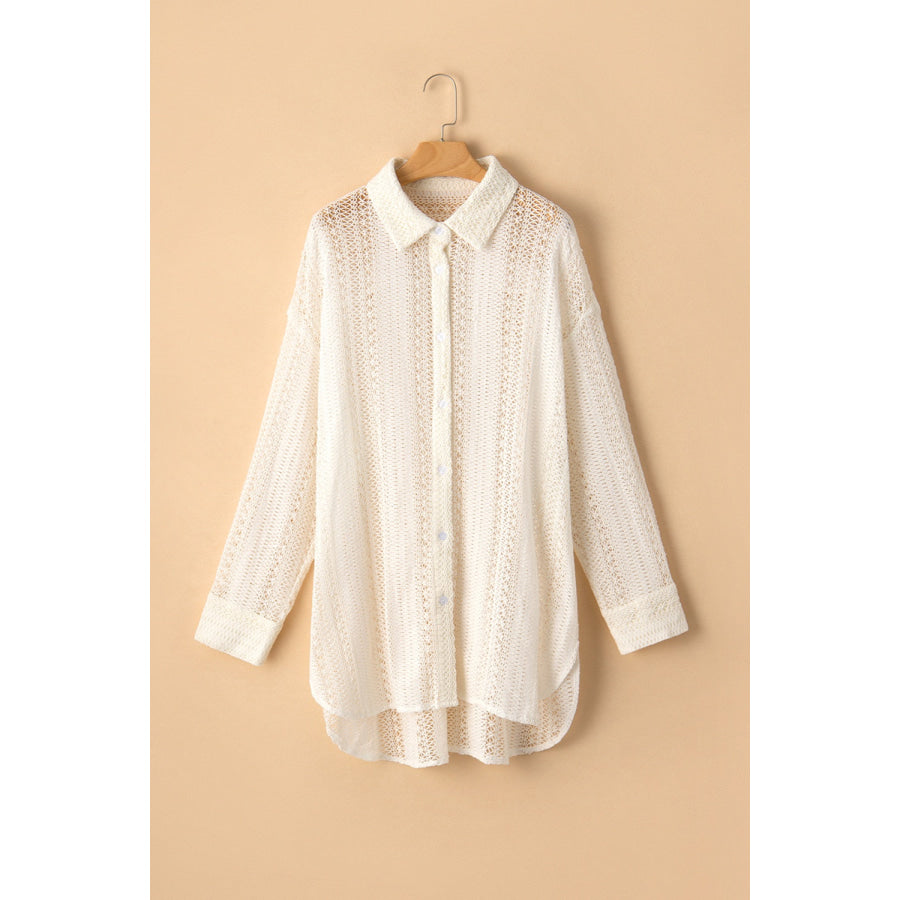 Openwork Collared Neck Long Sleeve Shirt Ivory / S Apparel and Accessories