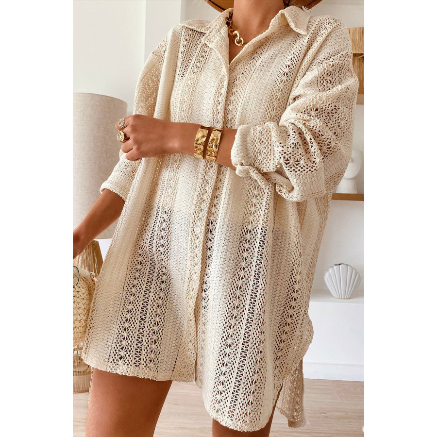 Openwork Collared Neck Long Sleeve Shirt Ivory / S Apparel and Accessories