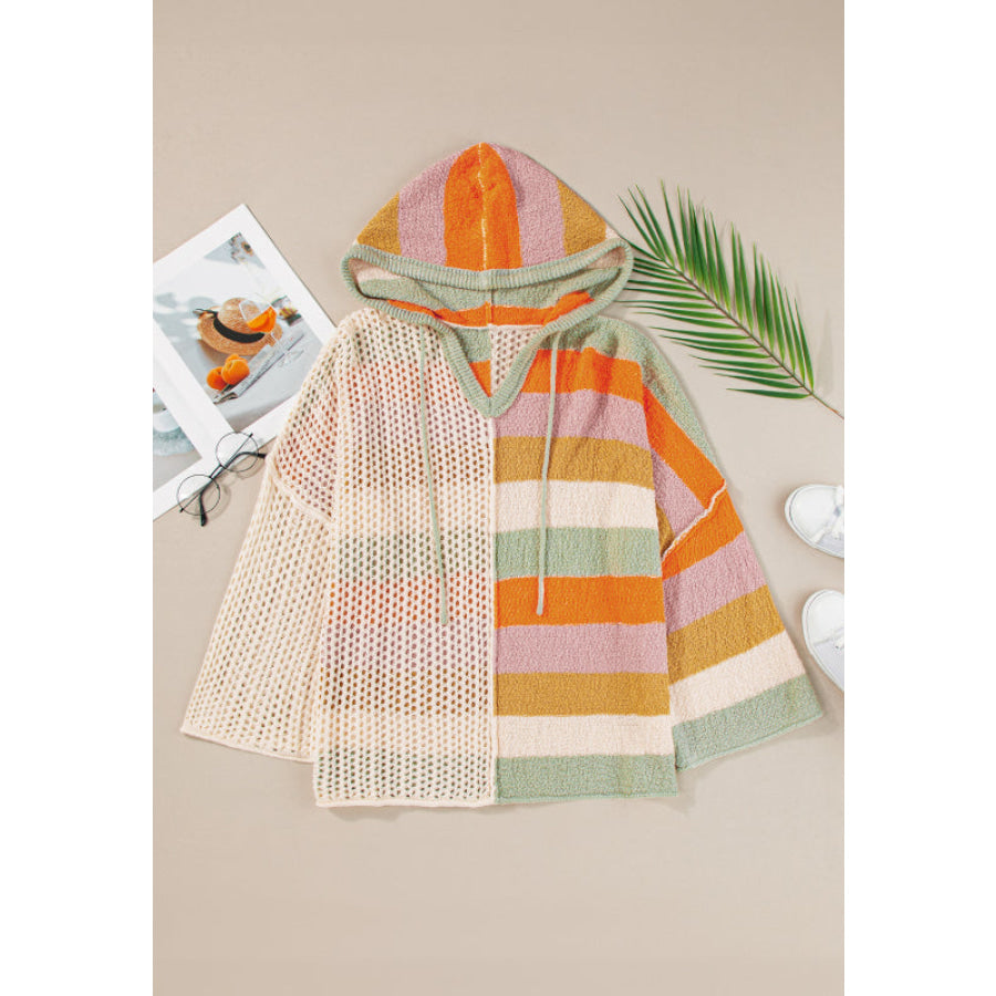 Openwork Color Block Hooded Sweater Apparel and Accessories