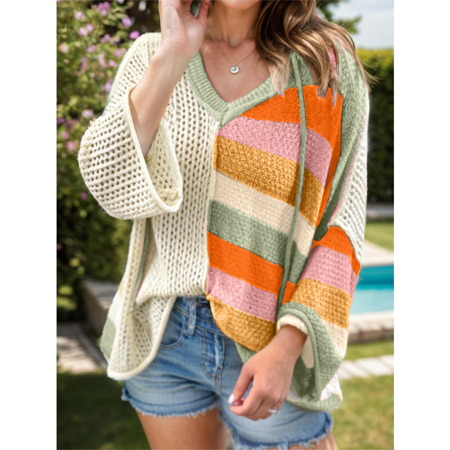 Openwork Color Block Hooded Sweater Sherbet / S Apparel and Accessories