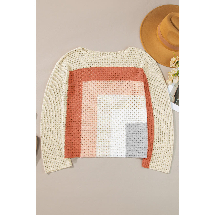 Openwork Color Block Long Sleeve Knit Top Beige / S Apparel and Accessories