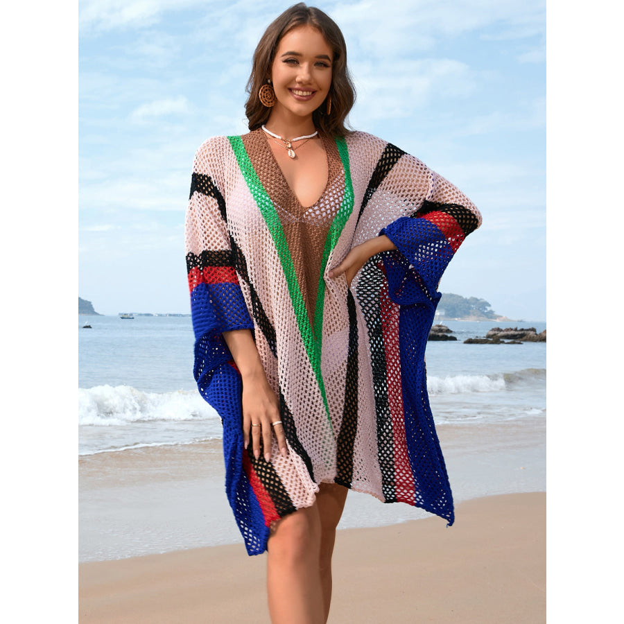 Openwork Color Block Plunge Cover - Up Apparel and Accessories