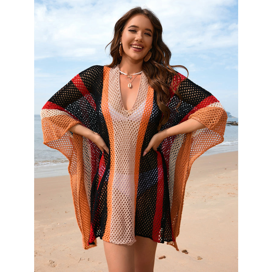 Openwork Color Block Plunge Cover - Up Black / One Size Apparel and Accessories