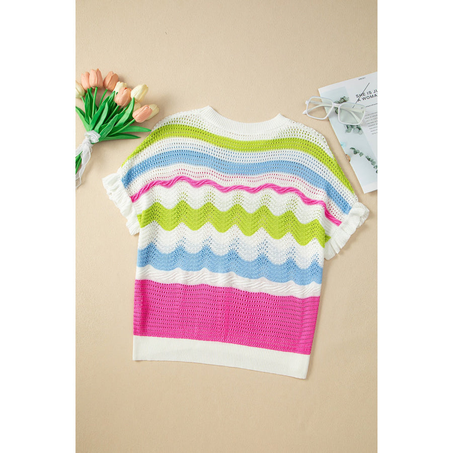 Openwork Color Block Round Neck Knit Top White / S Apparel and Accessories