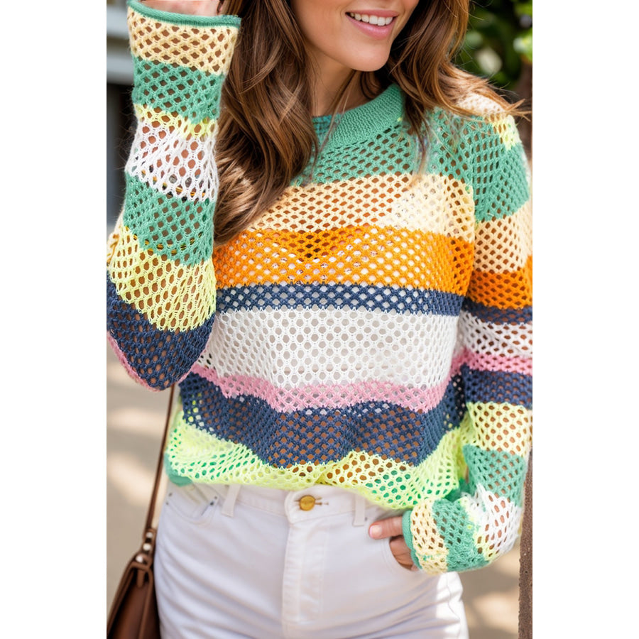 Openwork Color Block Round Neck Knit Top Turquoise / S Apparel and Accessories