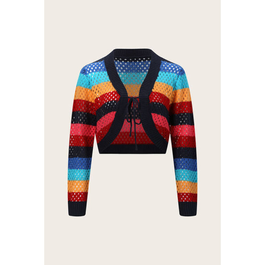 Openwork Color Block Tied Cardigan Multicolor / S Apparel and Accessories