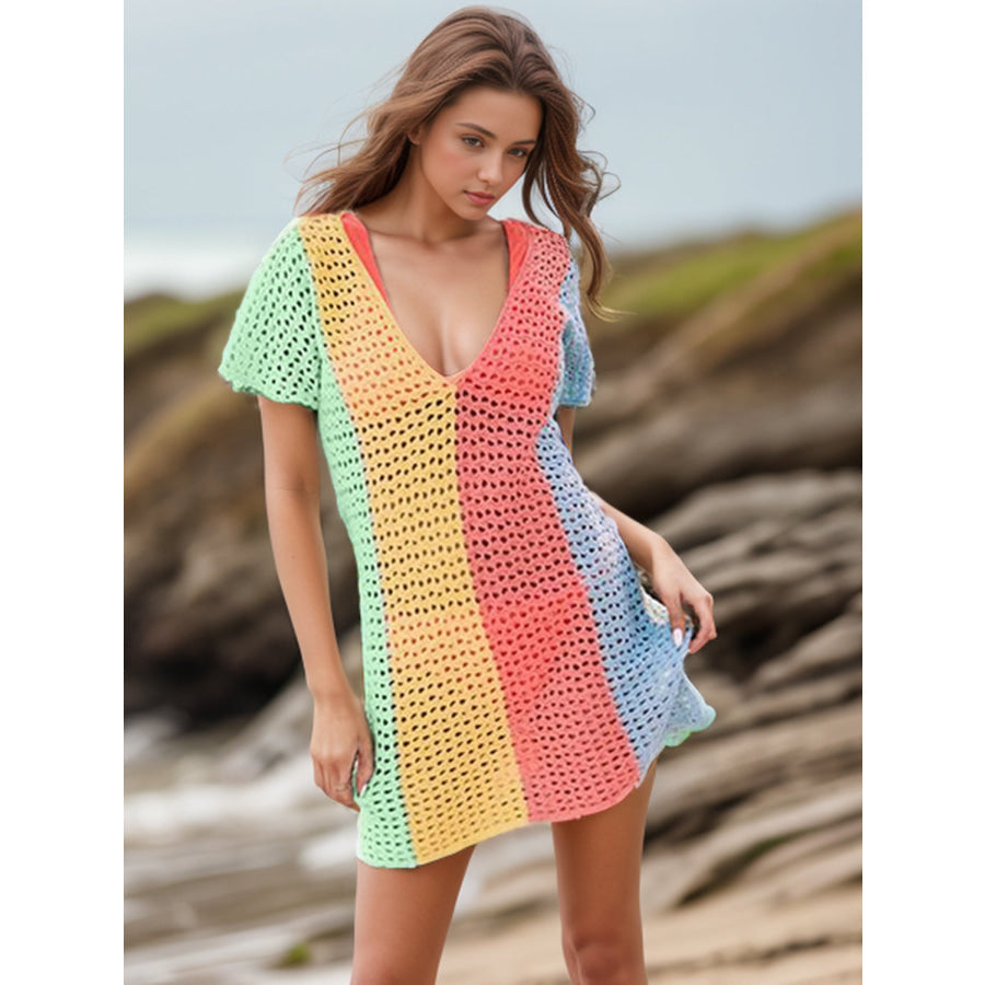 Openwork Color Block V-Neck Short Sleeve Cover-Up Coral / S Apparel and Accessories