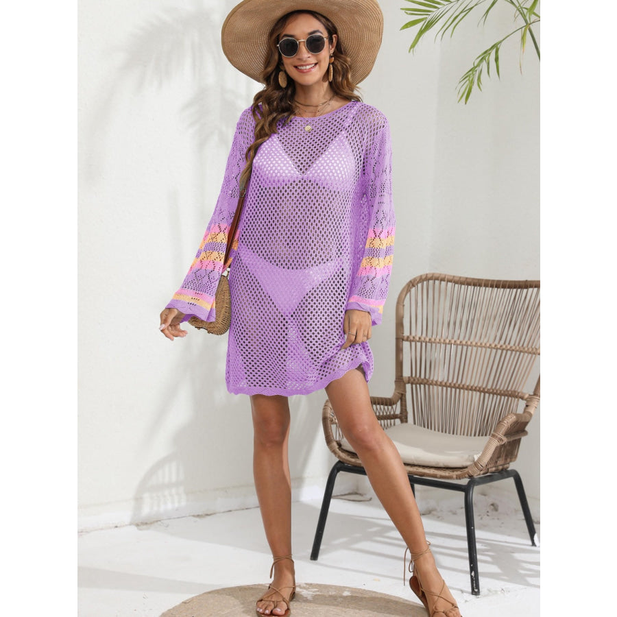 Openwork Contrast Long Sleeve Cover - Up Apparel and Accessories