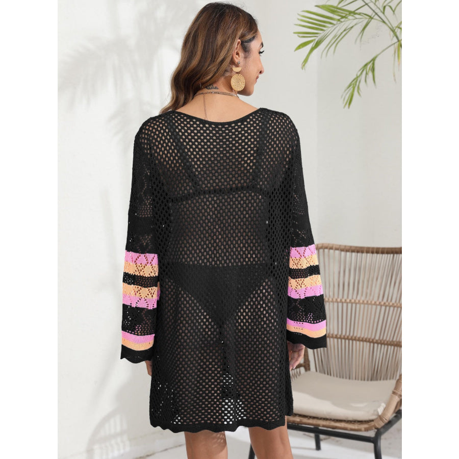 Openwork Contrast Long Sleeve Cover - Up Apparel and Accessories