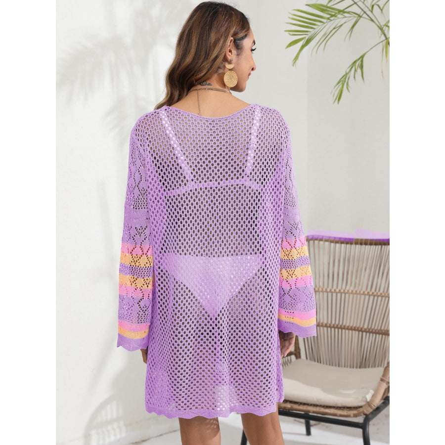Openwork Contrast Long Sleeve Cover - Up Apparel and Accessories