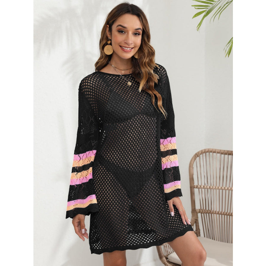 Openwork Contrast Long Sleeve Cover - Up Apparel and Accessories
