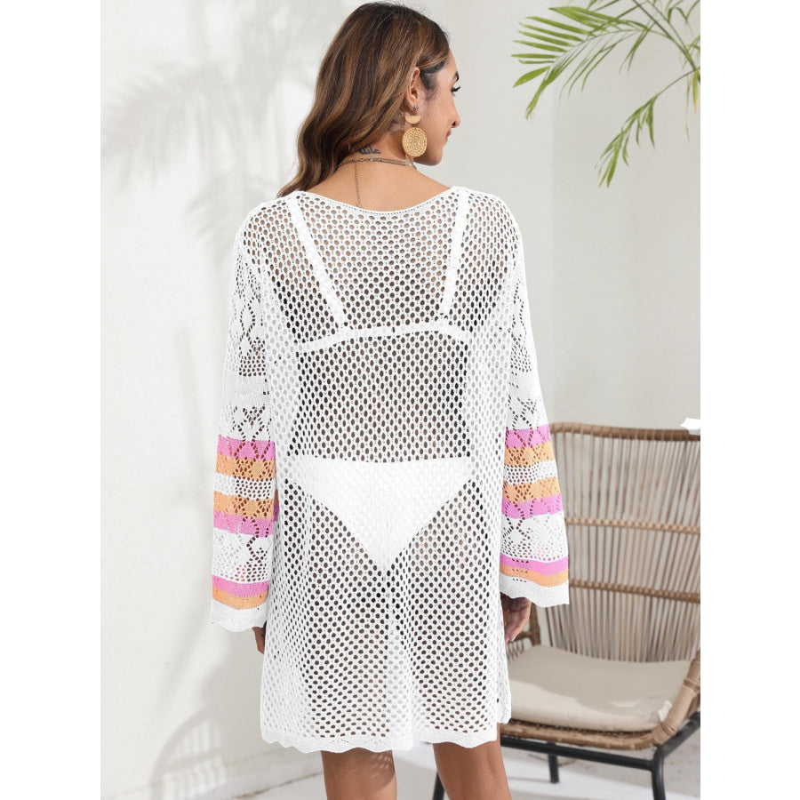 Openwork Contrast Long Sleeve Cover - Up Apparel and Accessories