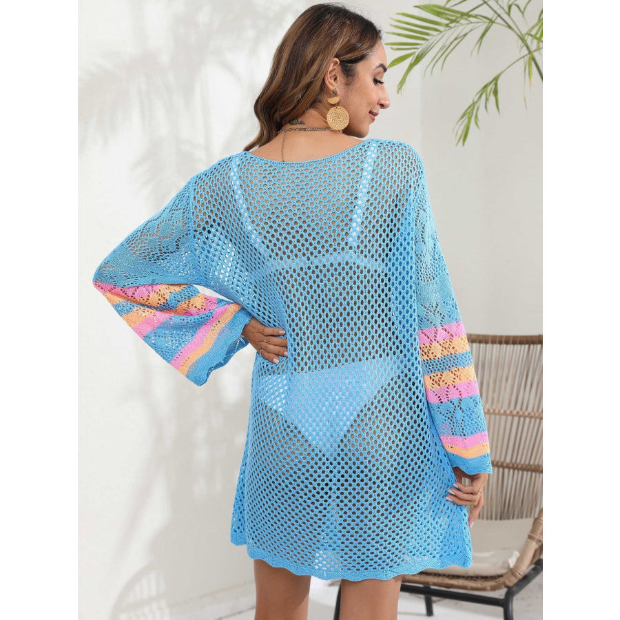 Openwork Contrast Long Sleeve Cover - Up Pastel Blue / One Size Apparel and Accessories