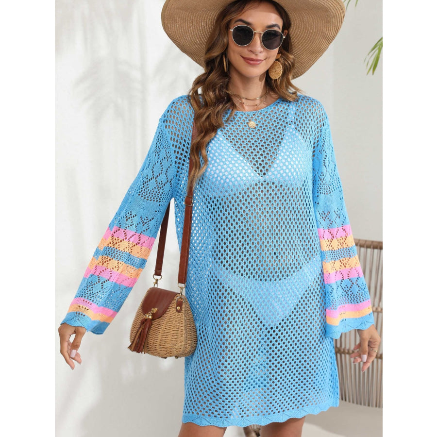 Openwork Contrast Long Sleeve Cover - Up Pastel Blue / One Size Apparel and Accessories