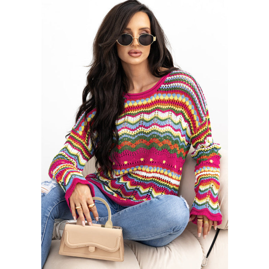 Openwork Contrast Round Neck Flare Sleeve Knit Top Apparel and Accessories