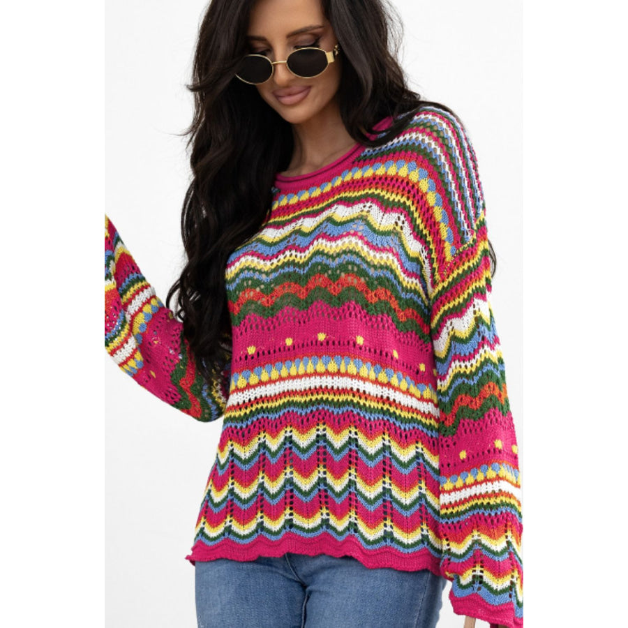 Openwork Contrast Round Neck Flare Sleeve Knit Top Apparel and Accessories