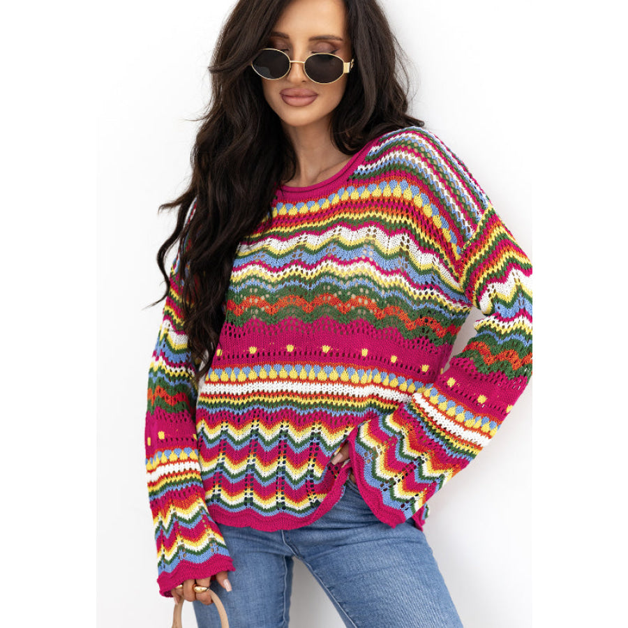 Openwork Contrast Round Neck Flare Sleeve Knit Top Stripe / S Apparel and Accessories