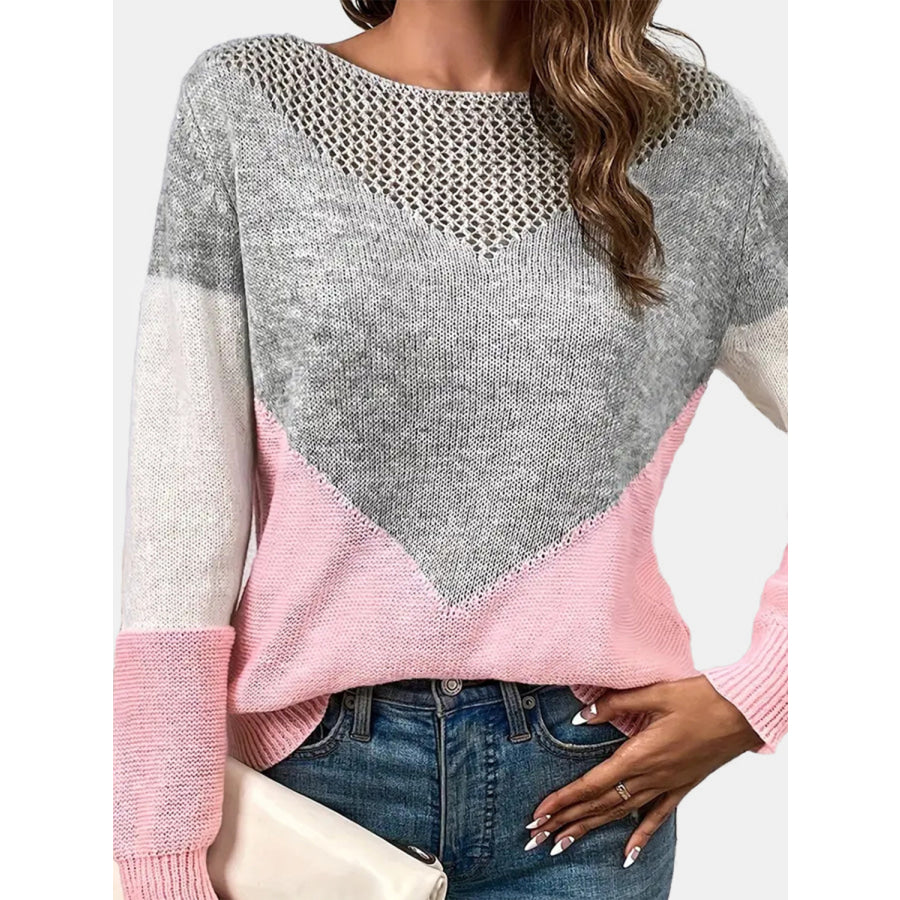 Openwork Contrast Round Neck Long Sleeve Knit Top Apparel and Accessories