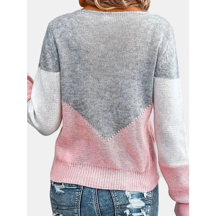 Openwork Contrast Round Neck Long Sleeve Knit Top Pink/Gray / S Apparel and Accessories