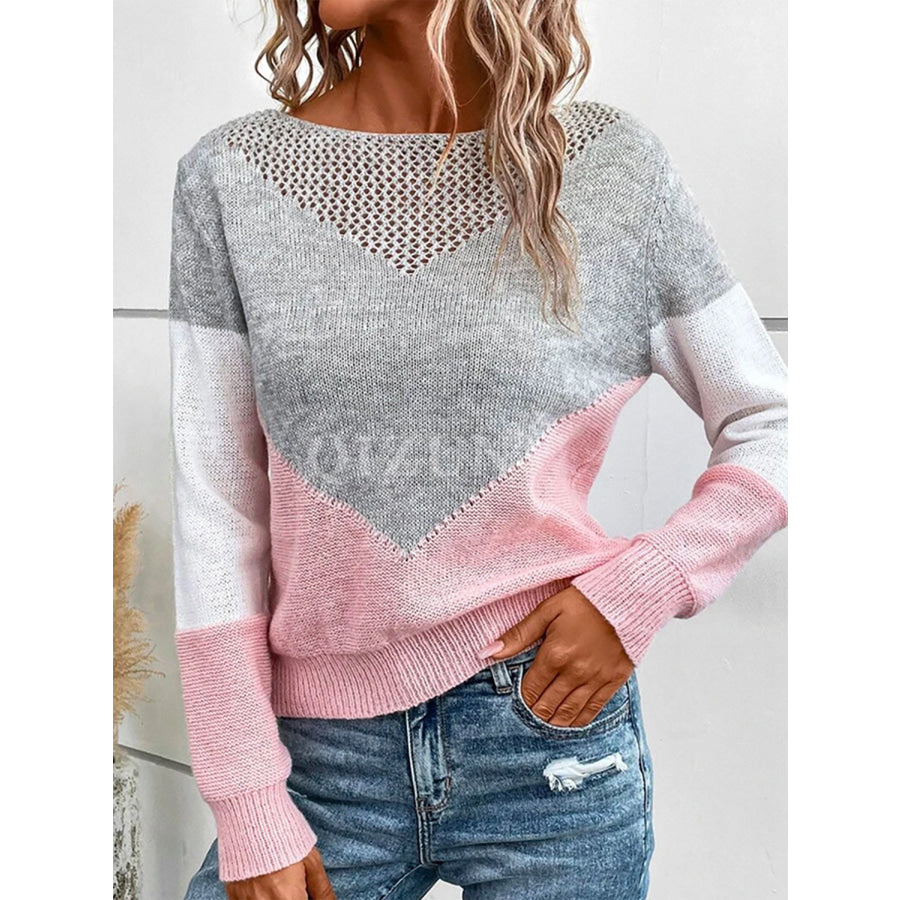 Openwork Contrast Round Neck Long Sleeve Knit Top Pink/Gray / S Apparel and Accessories