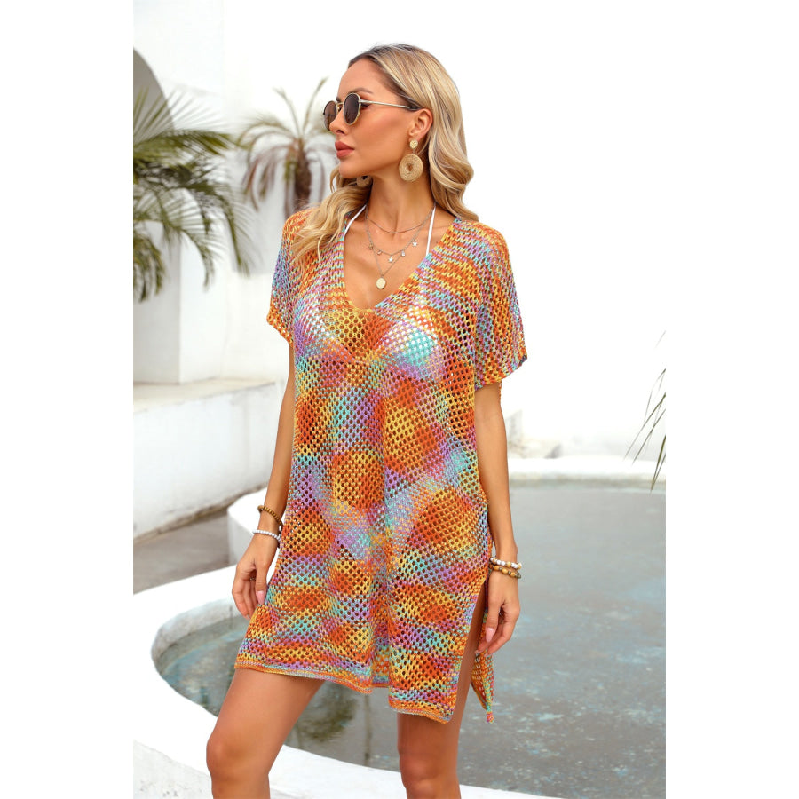 Openwork Contrast Short Sleeve Cover-Up Apparel and Accessories