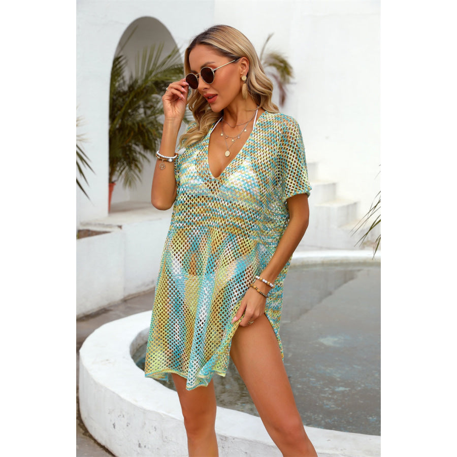Openwork Contrast Short Sleeve Cover-Up Turquoise / One Size Apparel and Accessories