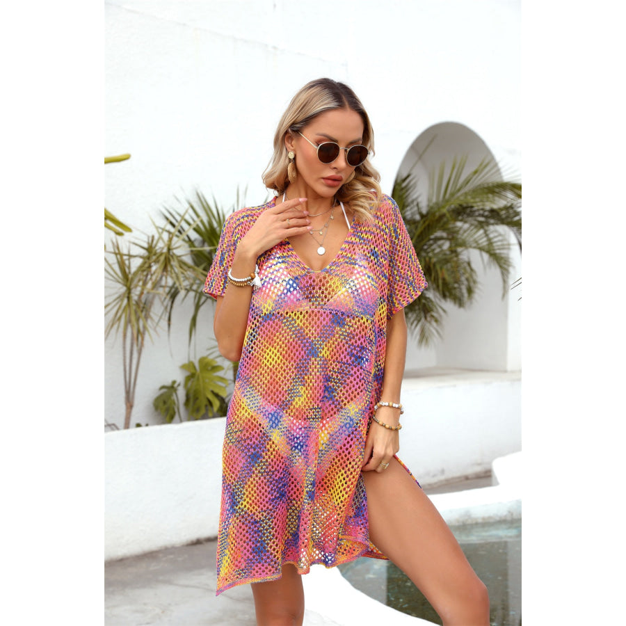 Openwork Contrast Short Sleeve Cover-Up Apparel and Accessories