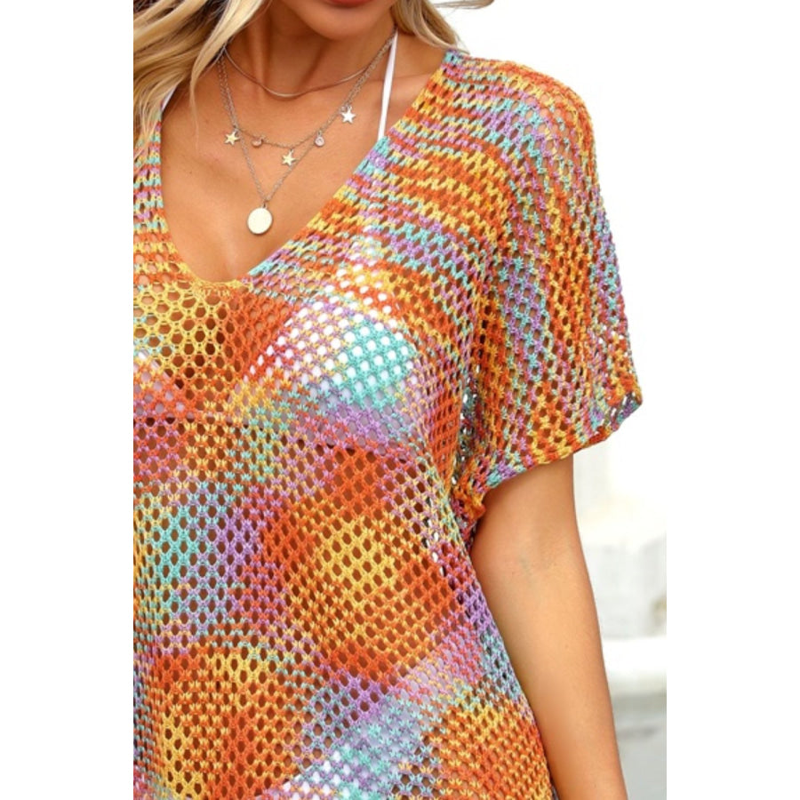 Openwork Contrast Short Sleeve Cover-Up Apparel and Accessories