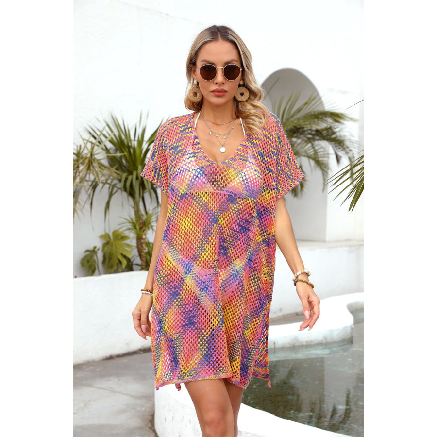 Openwork Contrast Short Sleeve Cover-Up Apparel and Accessories
