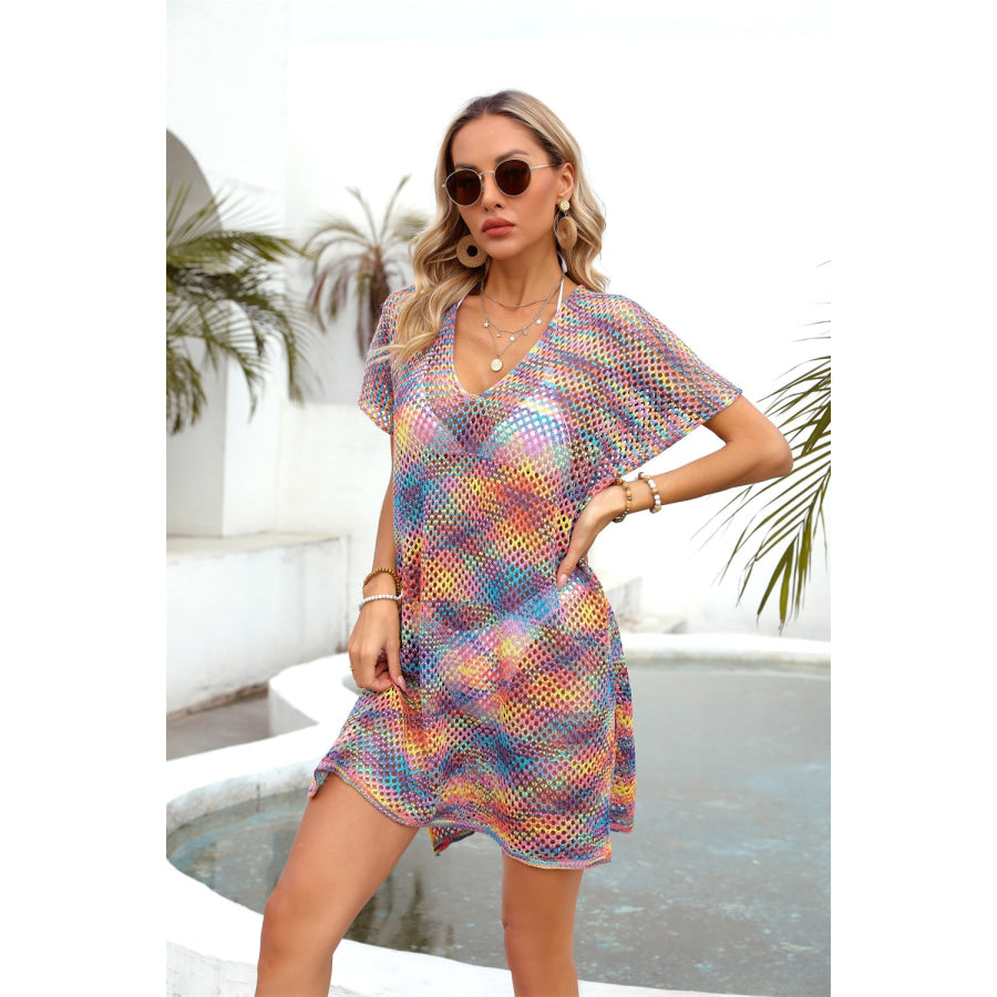 Openwork Contrast Short Sleeve Cover-Up Apparel and Accessories