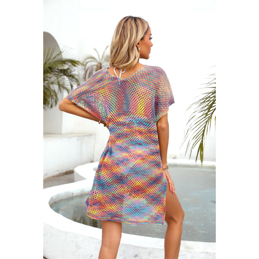 Openwork Contrast Short Sleeve Cover-Up Apparel and Accessories